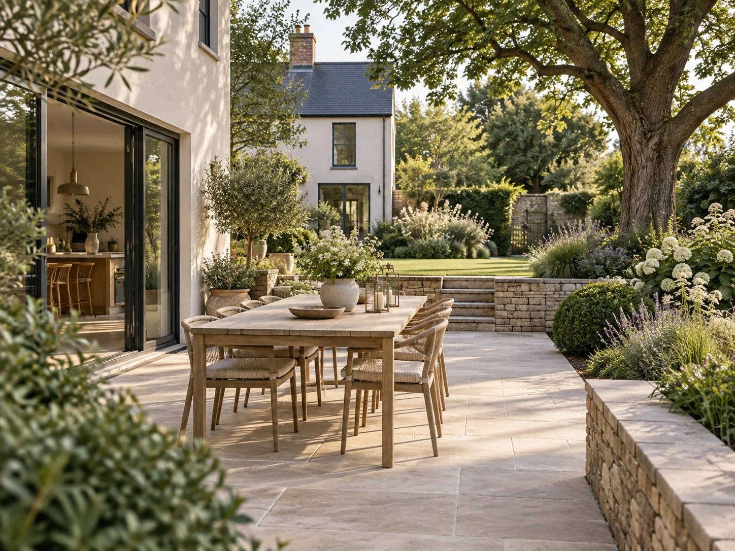 Garden dining space on a pale stone patio