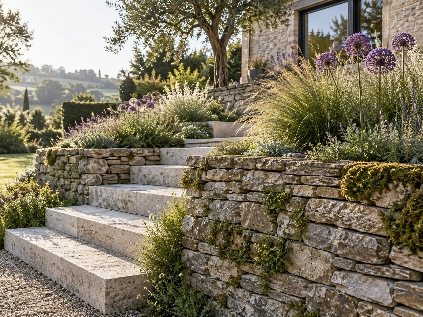 Garden stonework and steps among flowering planting