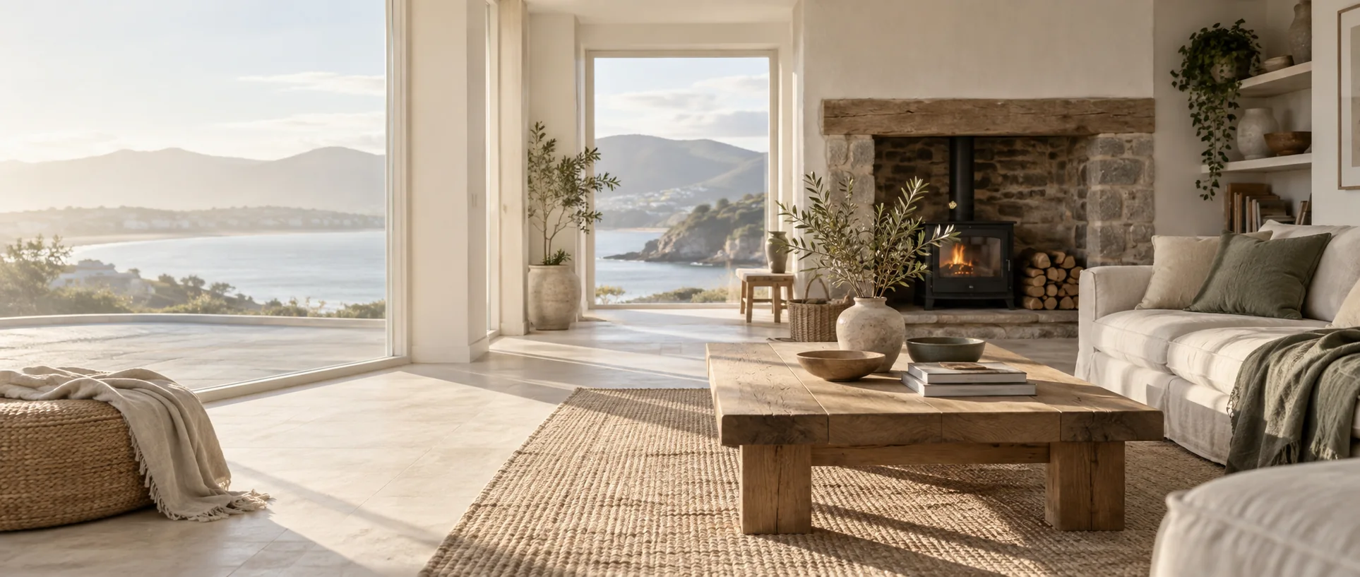 Sunlit coastal living room with natural furniture and a view of the bay
