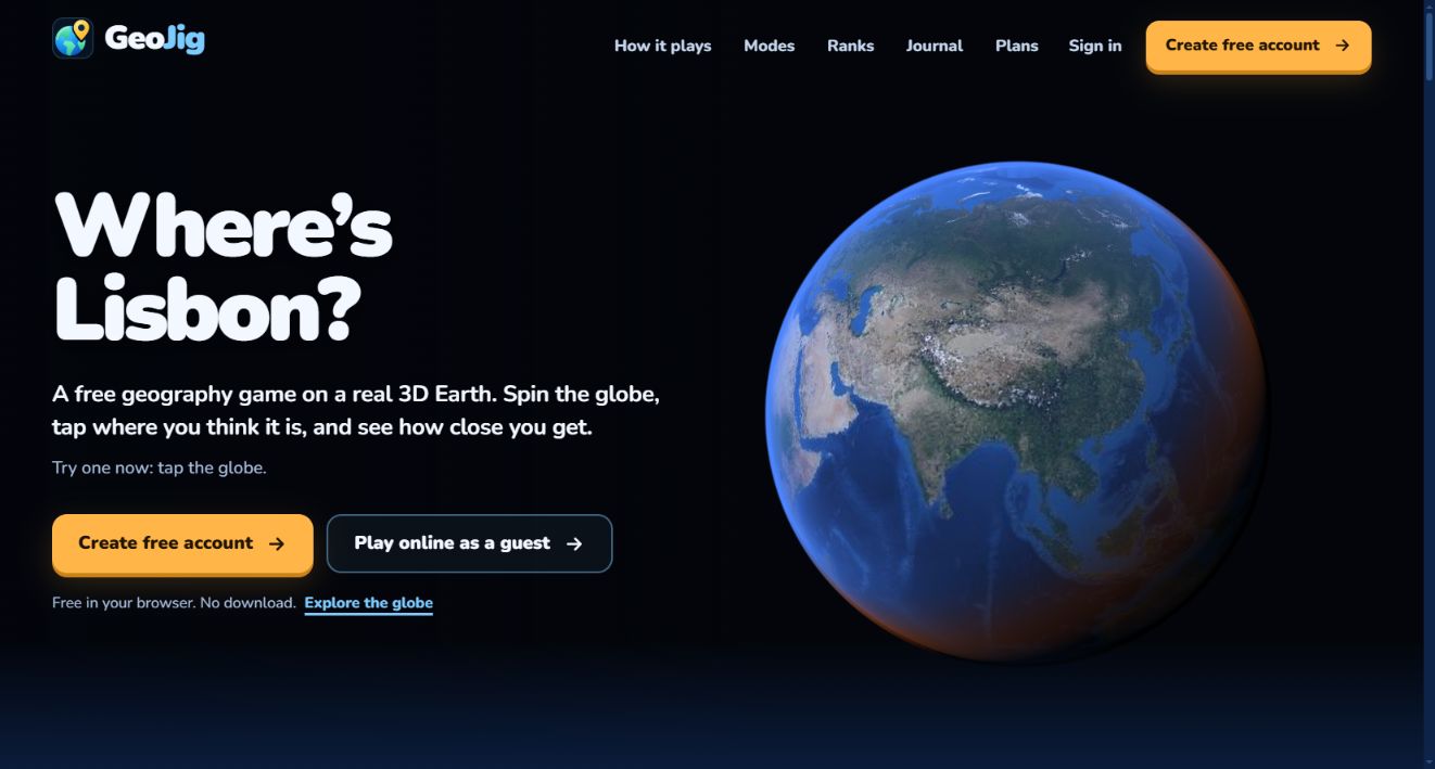 GeoJig live website showing its interactive 3D Earth and Where’s Lisbon geography challenge