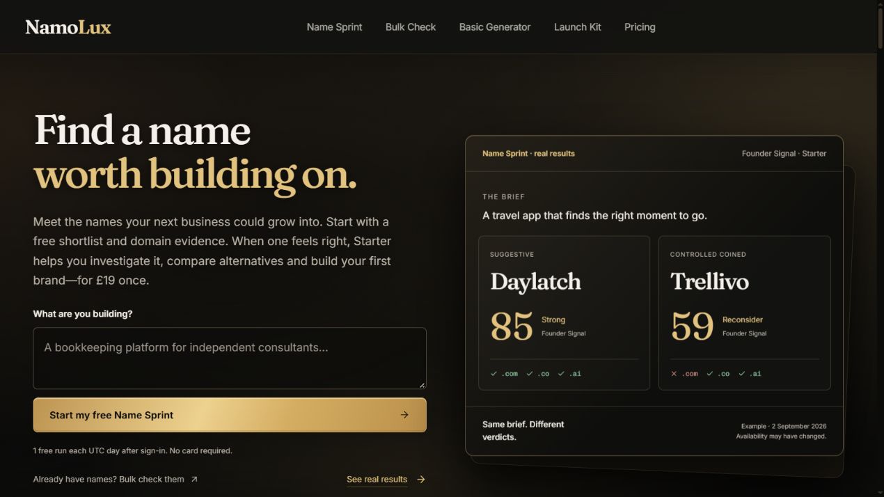 Current NamoLux interface displaying name candidates and scoring