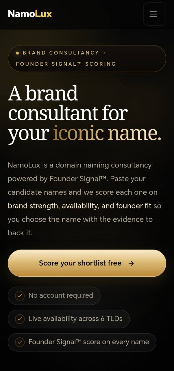 Mobile screenshot of the NamoLux brand consultancy homepage