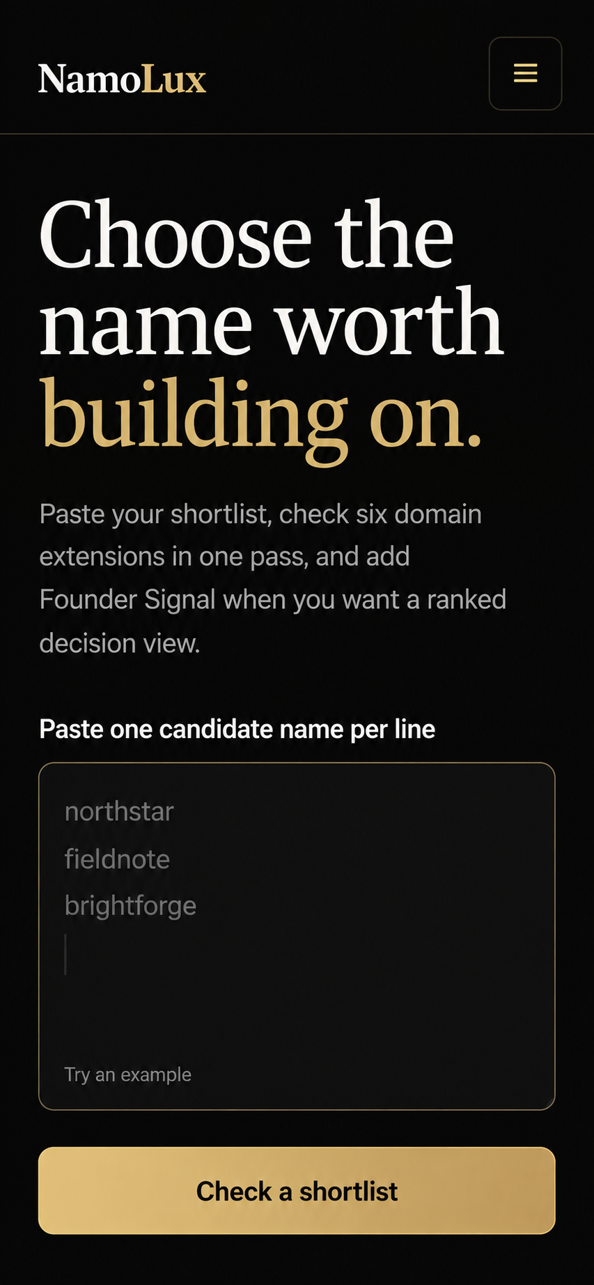 NamoLux mobile interface for checking a shortlist of brand names