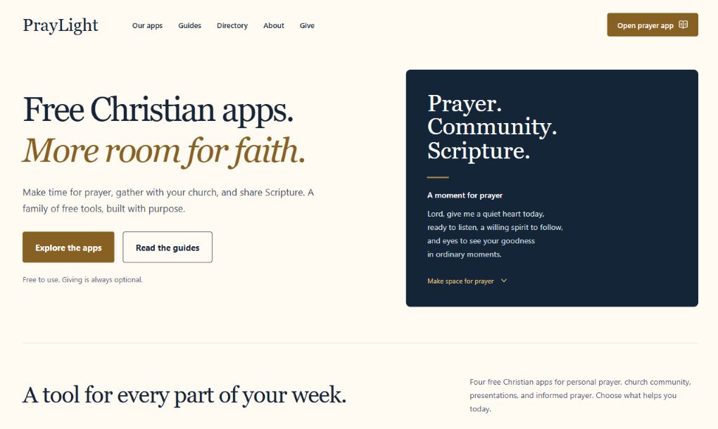 PrayLight website with free Christian apps