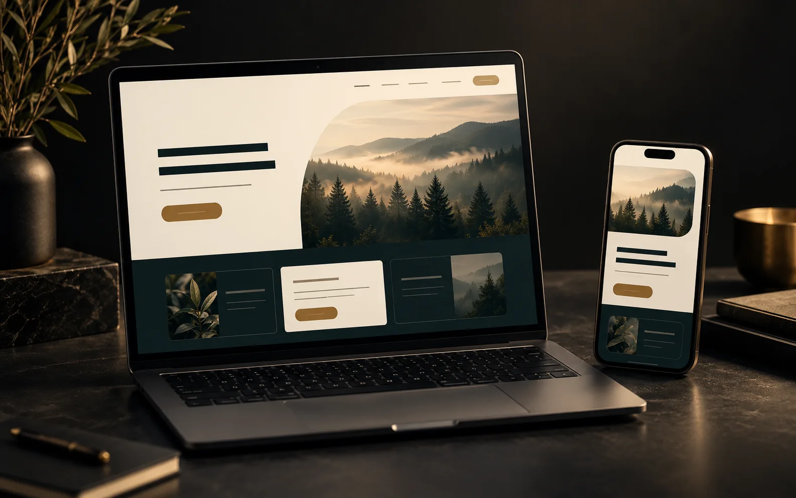 Visual impression of PrayLight's warm, calm website on laptop and phone