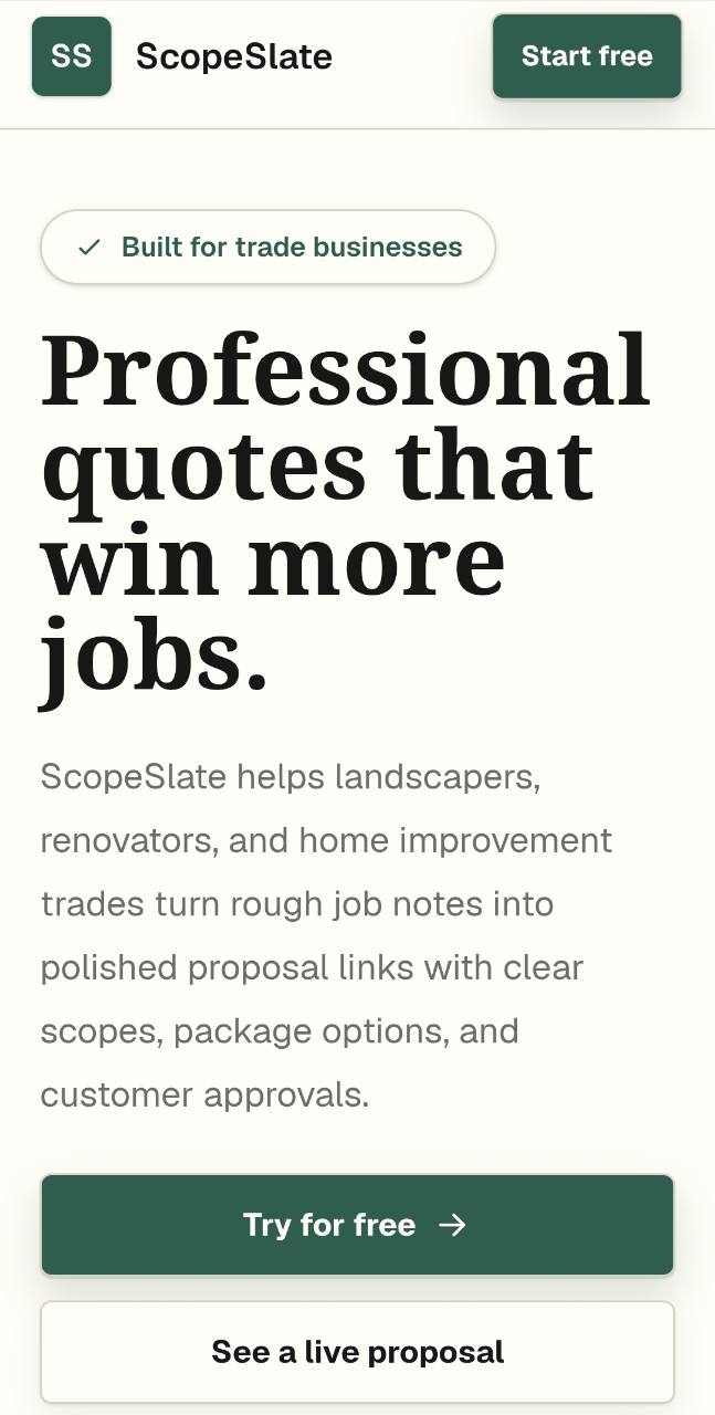 Mobile screenshot of the ScopeSlate trades proposal homepage
