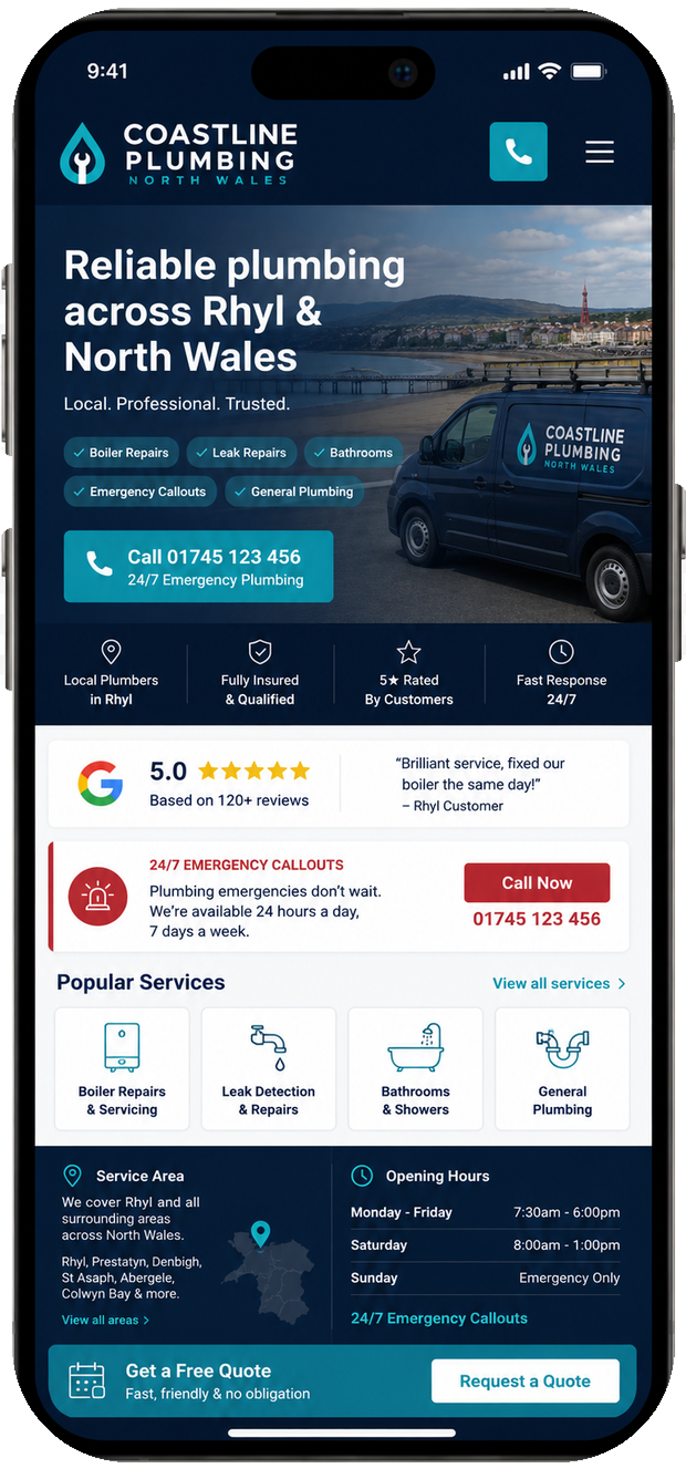 Coastline Plumbing mobile website concept for plumbers in Rhyl and North Wales
