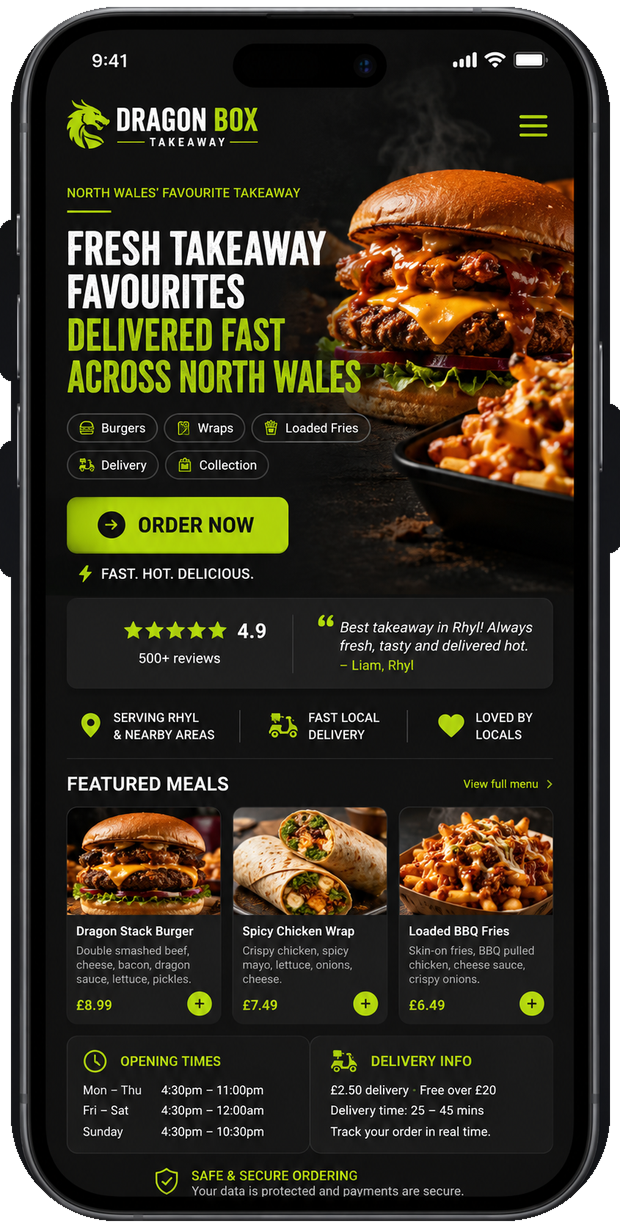 Dragon Box takeaway mobile website concept for a North Wales food business