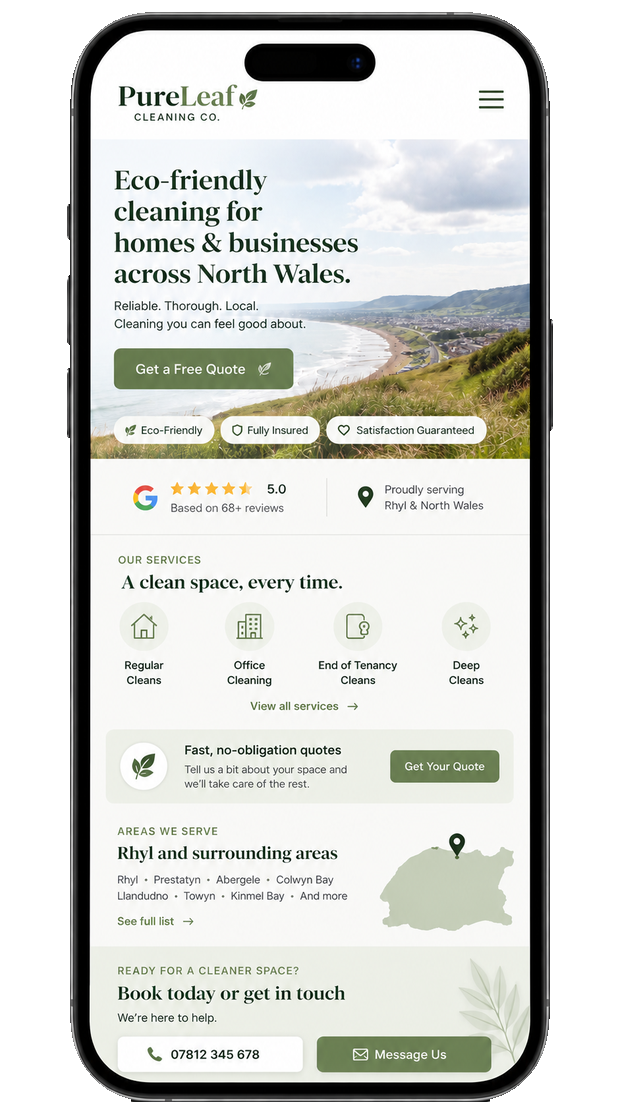PureLeaf cleaning mobile website concept for homes and businesses across North Wales