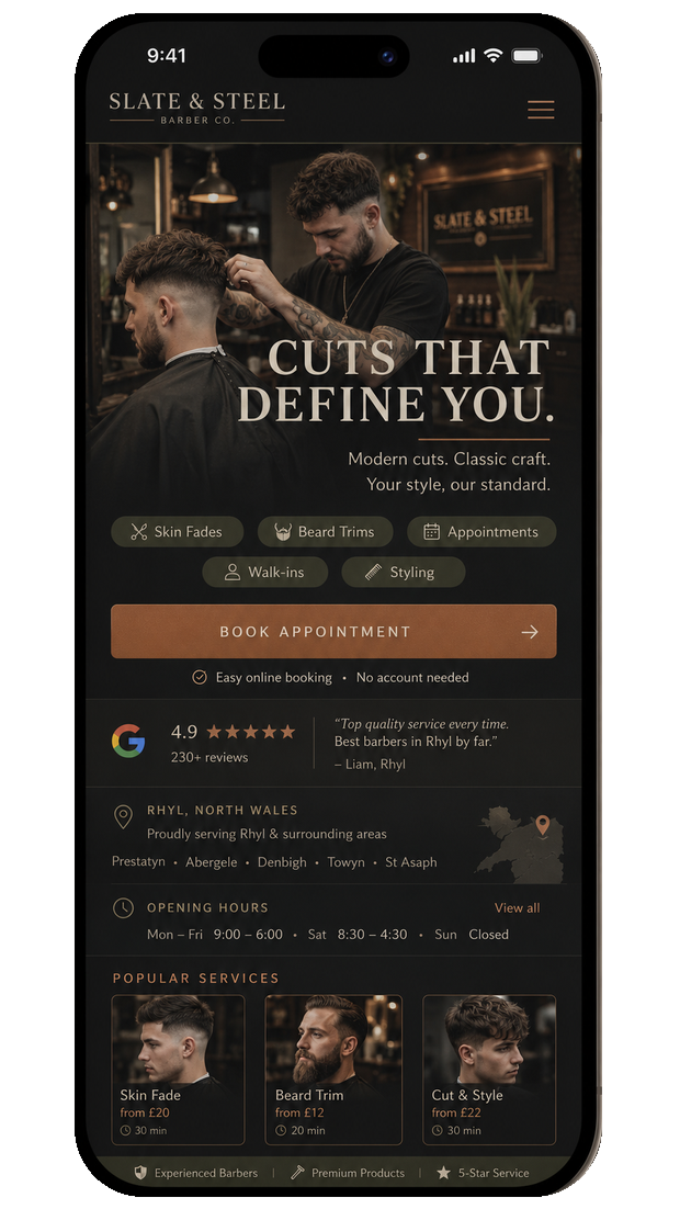 Slate and Steel barber mobile website concept with booking and services