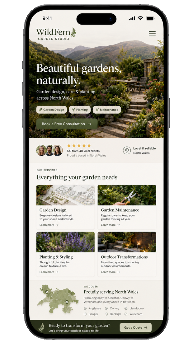 WildFern Garden Studio mobile website concept for garden design services in North Wales
